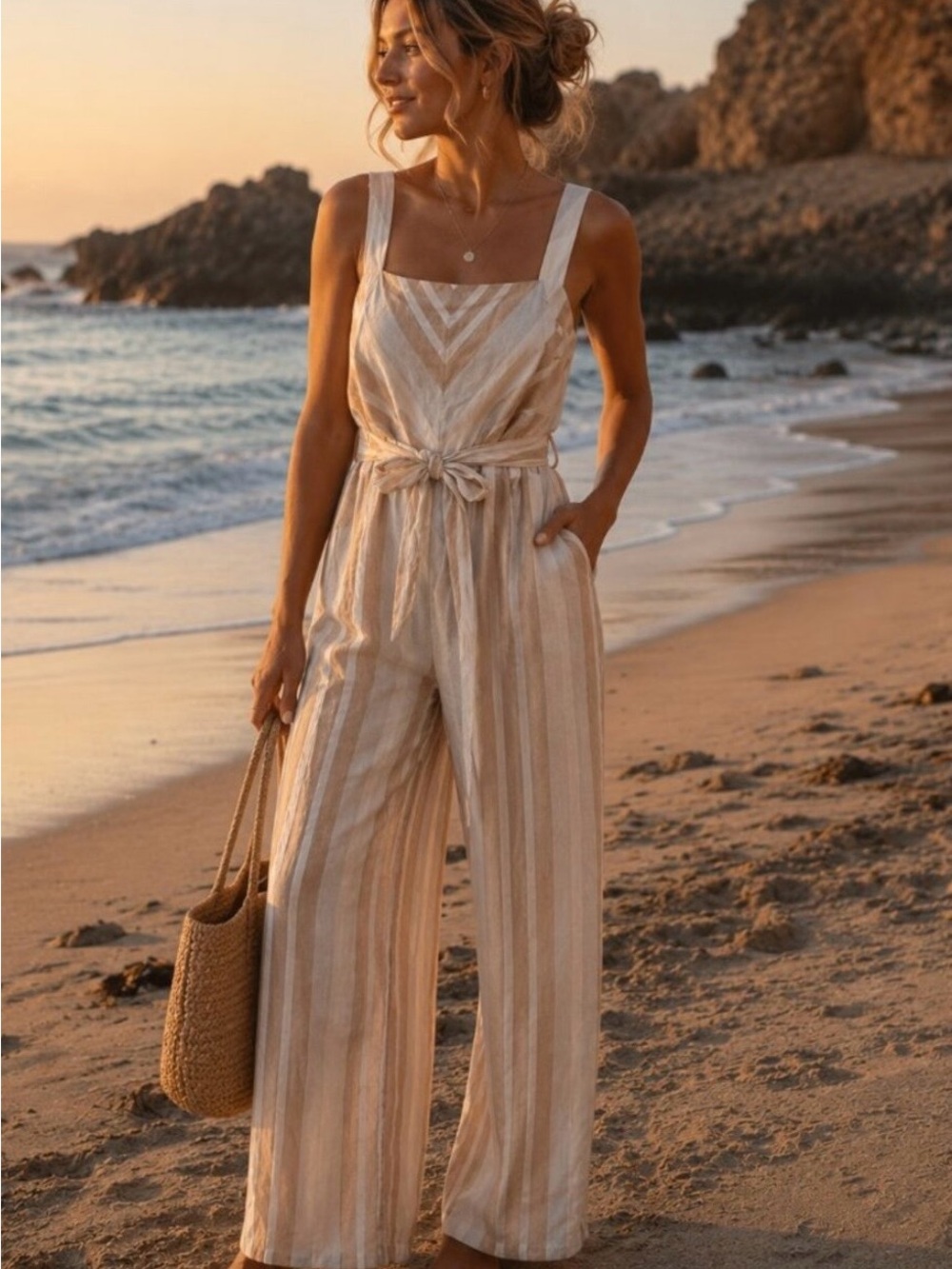 Anthropologie Savannah Cream & Tan Wide-Leg Jumpsuit with Tie Waist